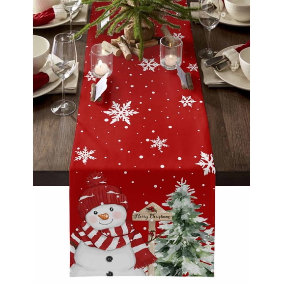 Christmas Table Runner Red Snowman Table Runners Berry Pine Tree Winter Snowflake Cotton Linen Dresser Scarf Kitchen Dining Table Decor for Christmas Holiday Party Decor 13x90 Inch