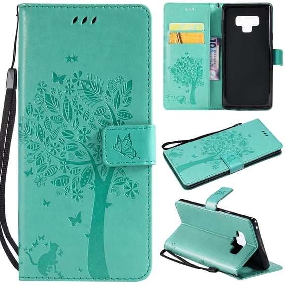Galaxy Note 9 Wallet Case, Allytech Samsung Note 9 Edge [Embossed Cat & Tree] PU Leather Full Body Protective Case Folio Flip Stand Cover with Card Holder for Samsung Galaxy Note 9, Green