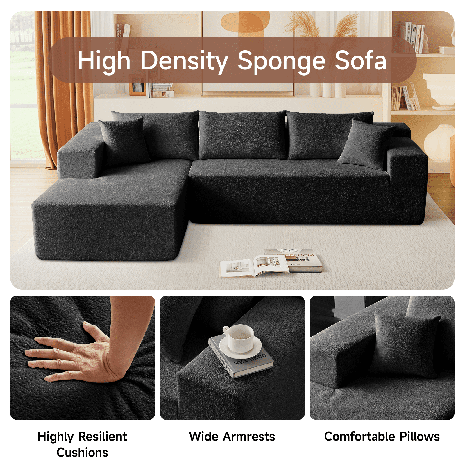 104" Sectional Sofa, L-Shaped Modern Modular High-Density Sponge Corner Sofa with Chaise Lounge & Pillows, Upholstered Cloud Couch for Living Room Bedroom Apartment