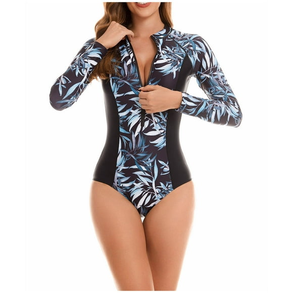 Mefallenssiah Women'S One-Piece Swimsuit Ladies Fashion Multicolor Leaf Print Long Sleeved Zipper Women Piece Swimsuit