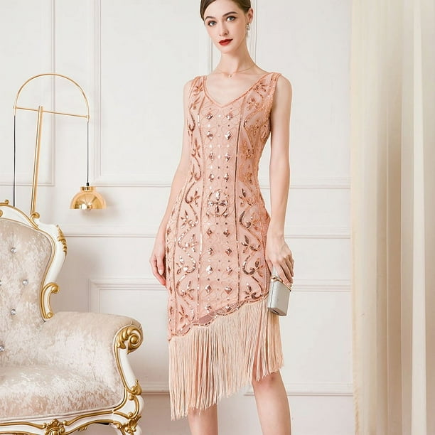 Vestido de fiesta vintage de 1920 con lentejuelas y cuentas, falda de baile de graduación, temperamento irregular, vestido con borlas