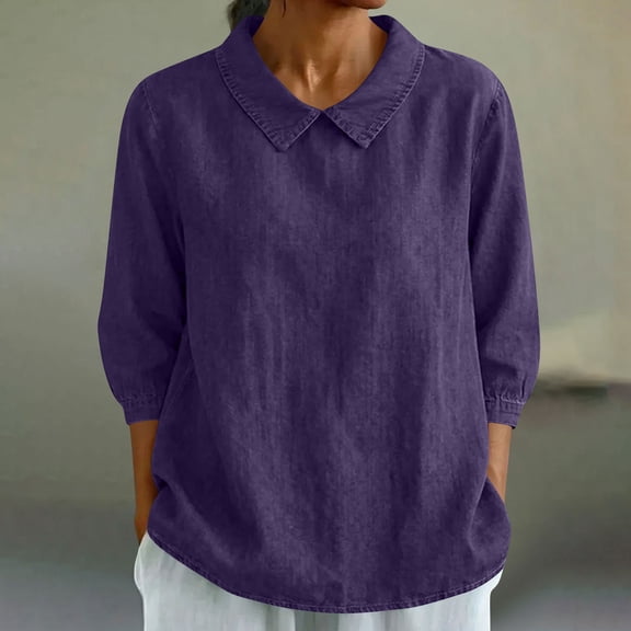 Craaazy Women's Casual Solid Color Collared 3/4 Sleeve Blouse Loose Fit Comfy Breathable Rayon Blend Top for Daily Wear Gifts
