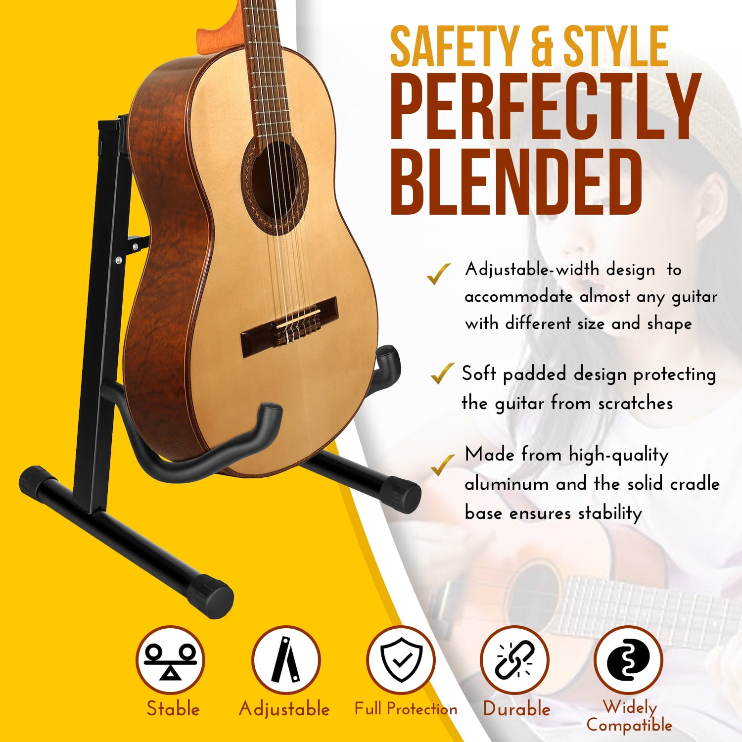 Guitar A-Frame Stand Floor Support for Acoustic and Electric Guitars - Portable Instrument Stand Rack Holder Display for Classical Guitar and Bass, Violin, Ukulele, Banjo, Mandolin