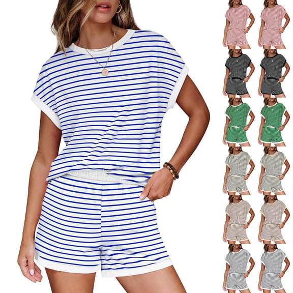VBVC Women's Striped Crew Neck 2 Piece Set,Dolman Top and Elastic Waist Shorts For Women, Ladies' Soft Summer Loungewear With Pockets,Beige,S-2XL