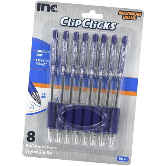Hyjoy Clip Click Retractable Ball Point , 1.0 mm Blue Ink, Set of 8