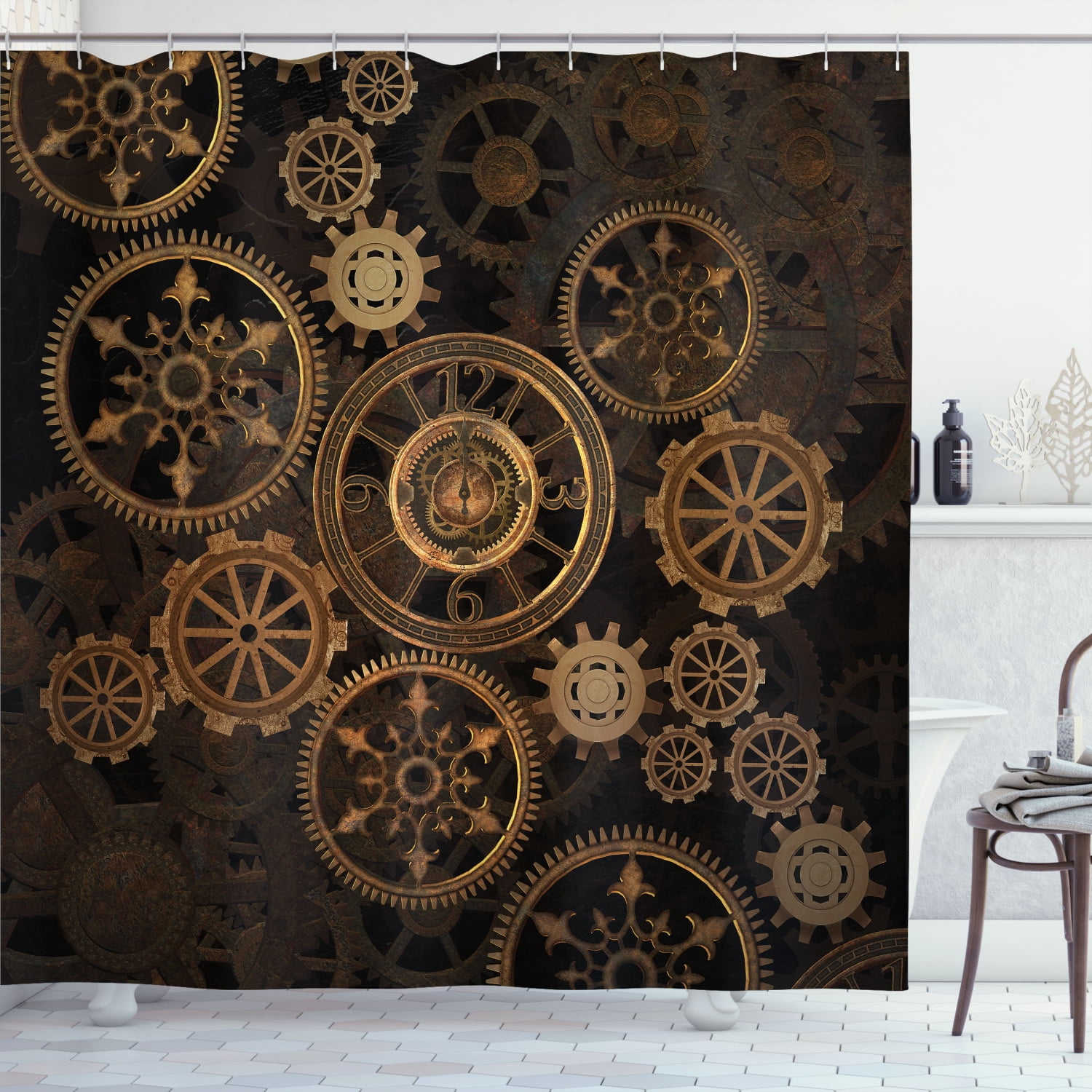 79" Rustic Steampunk Style Waterproof Fabric Shower Curtain Hooks Bathroom Liner 
