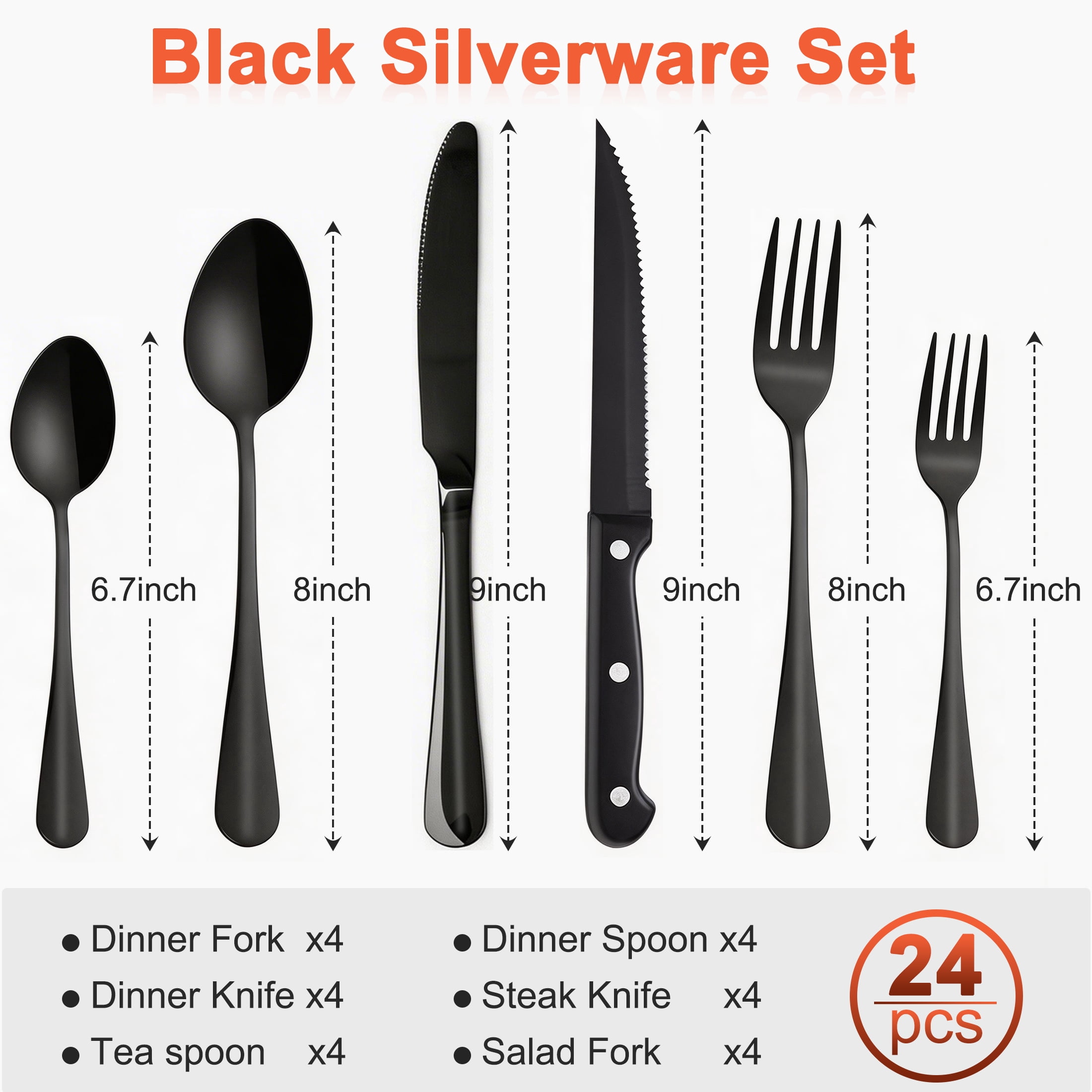 Black Silverware Set for 4, 24‑Piece Stainless Steel Flatware Cutlery Set, Include Steak Knives, Forks, Spoons, Knives, Mirror Black Utensils Set for Home Kitchen Dining, Dishwasher Safe