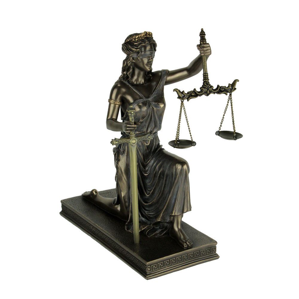 Bronze Finish Lady Justice Kneeling Holding Balance Scales and Sword Statue