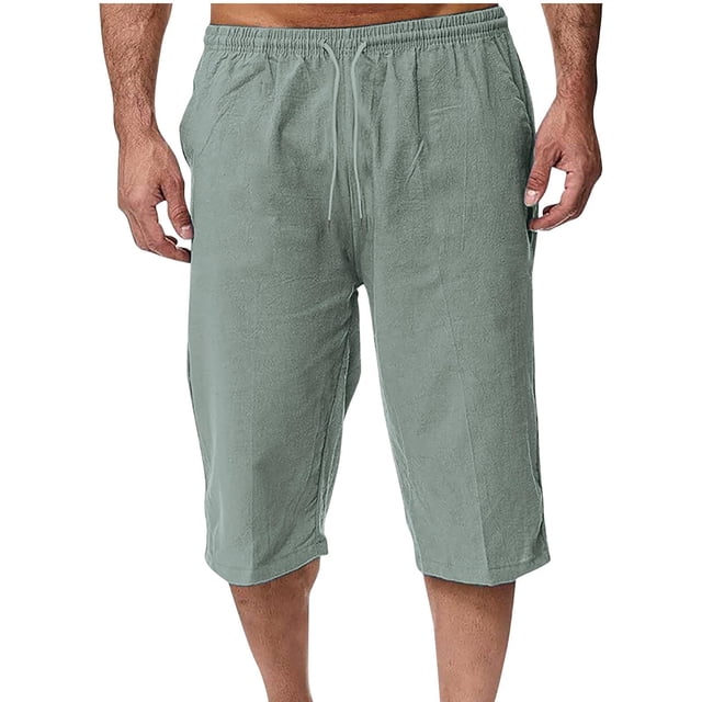 Pantalones de Lino Casual Suelto Cortado, Color Sólido Cordón Mezcla de Algodón para el Uso Diario