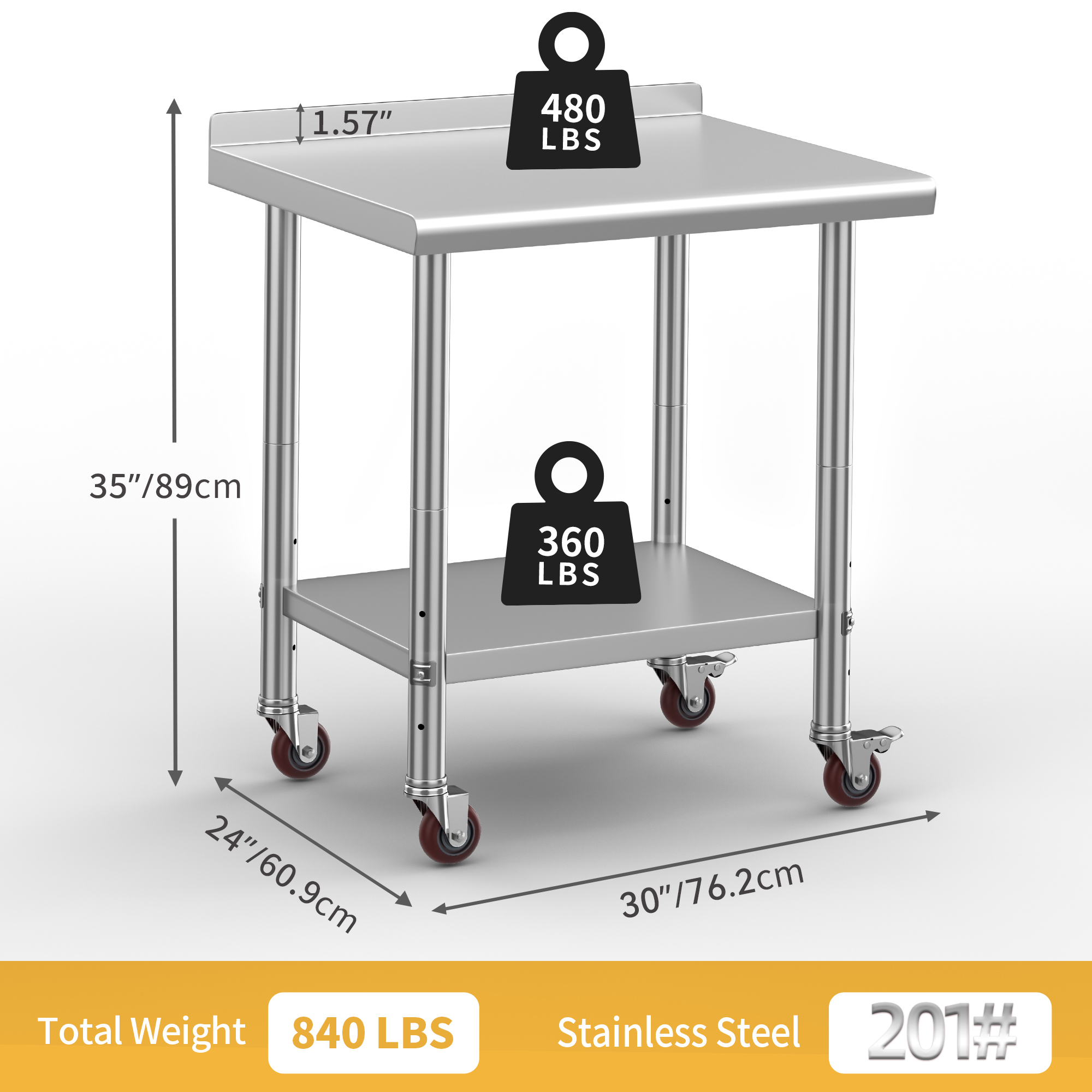 Dextrus Versatile 30" x 24" Stainless Steel Work Table with Wheels, Backsplash, and Adjustable Undershelf, Metal Prep Table for Domestic and Commercial Use