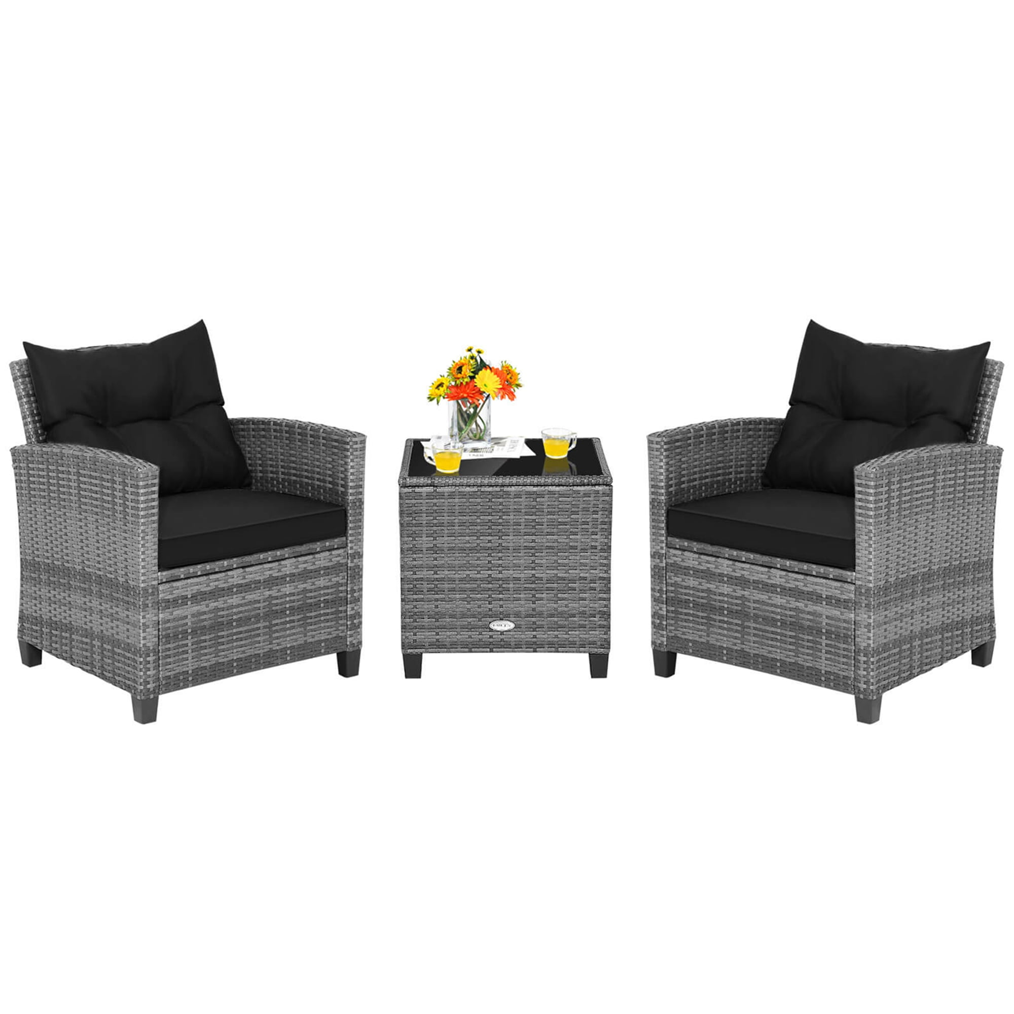 Costway Patio 3-Piece Rattan Bistro Set with Cushioned Sofas, Side Table, and Armrests, Black