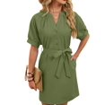 thumbnail image 5 of Women'S Solid Color Casual V-Neck Tie Waist Short Sleeve Dress Midi Summer Shift Dress Green S, 5 of 9