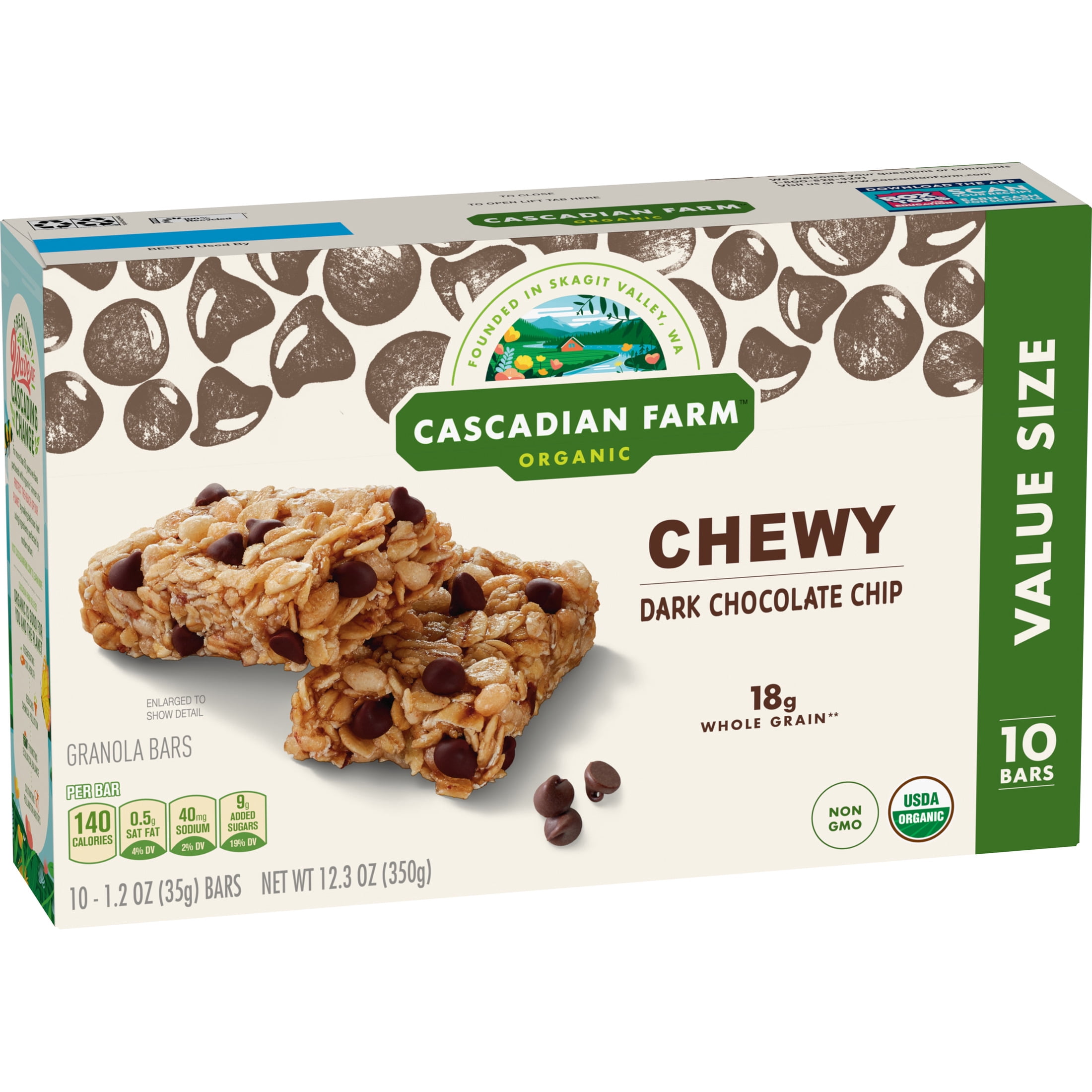 (2 pack) Cascadian Farm Organic Chewy Granola Bars, Dark Chocolate Chip, 10 Bars, 12.3 oz