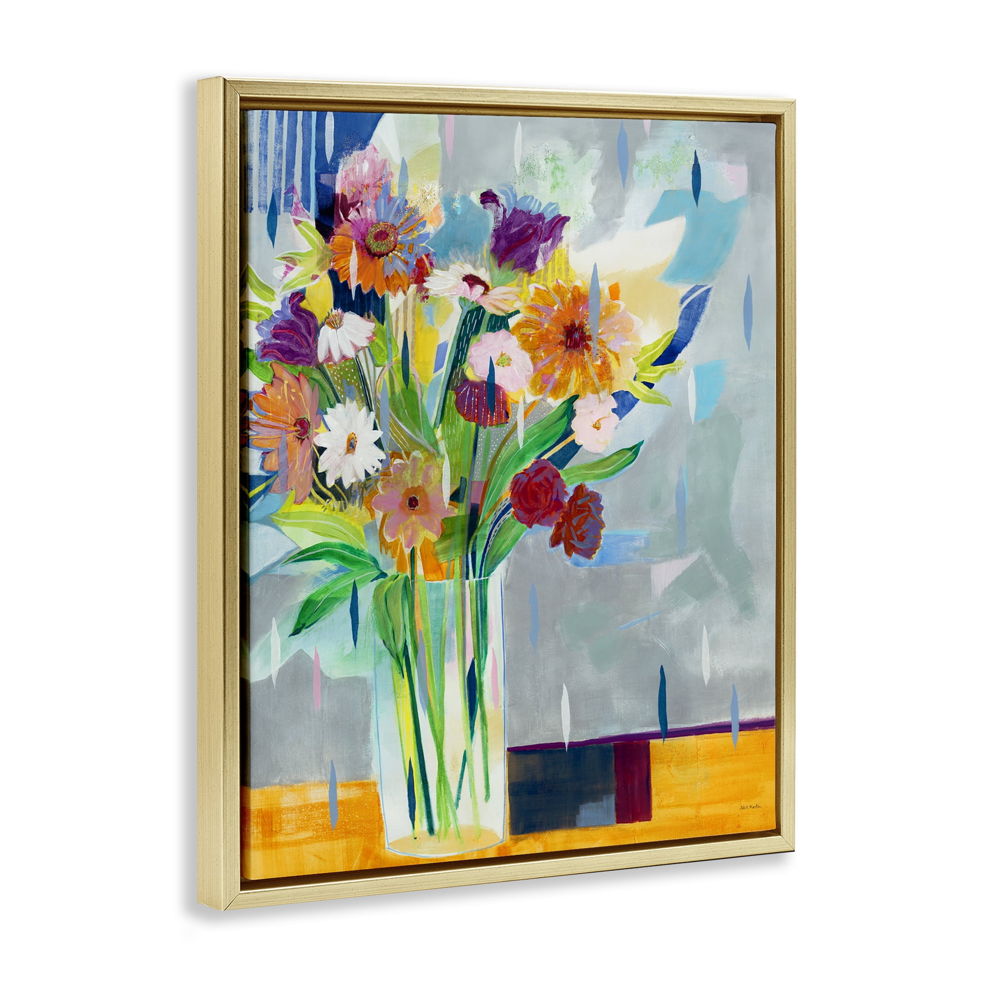 Stupell Industries Florals on Blocked Background Plants & Flowers Painting Gold Floater Framed Canvas Art Print Wall Art, 25 x 31
