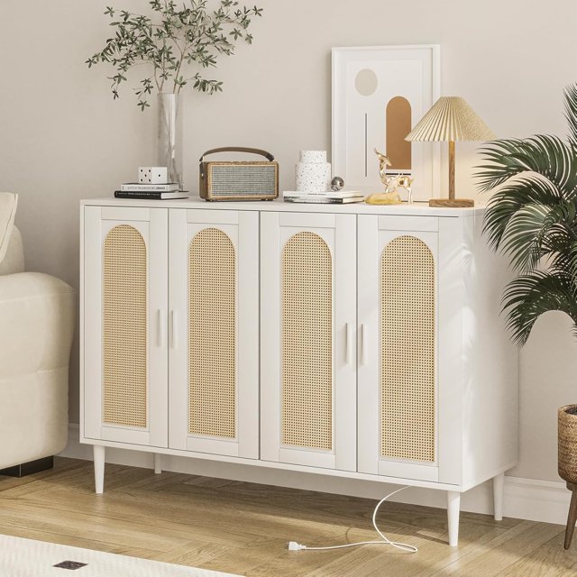 Home Rattan Sideboard Buffet Cabinet, 4 Doors Accent Storage Cabinet, Console Table Coffee Bar with Power Outlet, Adjustable Shelves for Kitchen, Dining Room, Hallway, Living Room