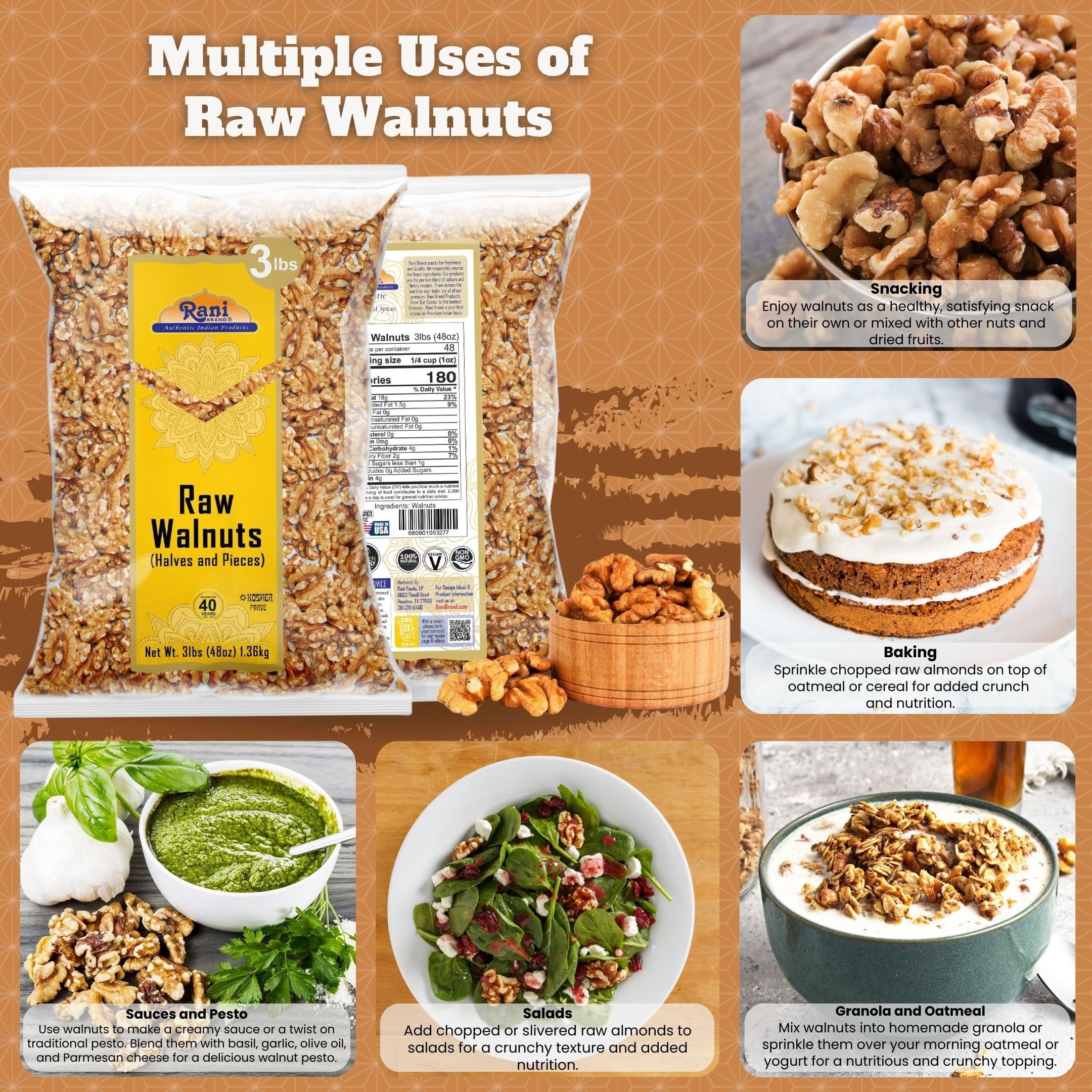 Rani Raw Walnuts, Halves and Pieces 48oz (3lbs) 1.36kg ~ All Natural | Vegan | Kosher | Gluten Friendly | Fresh