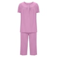 thumbnail image 4 of CLOISE Night Clothes for Women Sets 2-Piece Soft Short Sleeve Sleepwear Tees and Casual Capri Pants with Pockets Pajama Sets Cozy Button Plisse Solid Fall Nightwear, 4 of 5