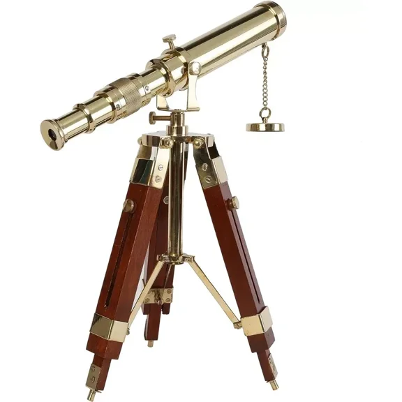 Antique Vintage Nautical Brass Telescope with Adjustable Wooden Tripod Stand