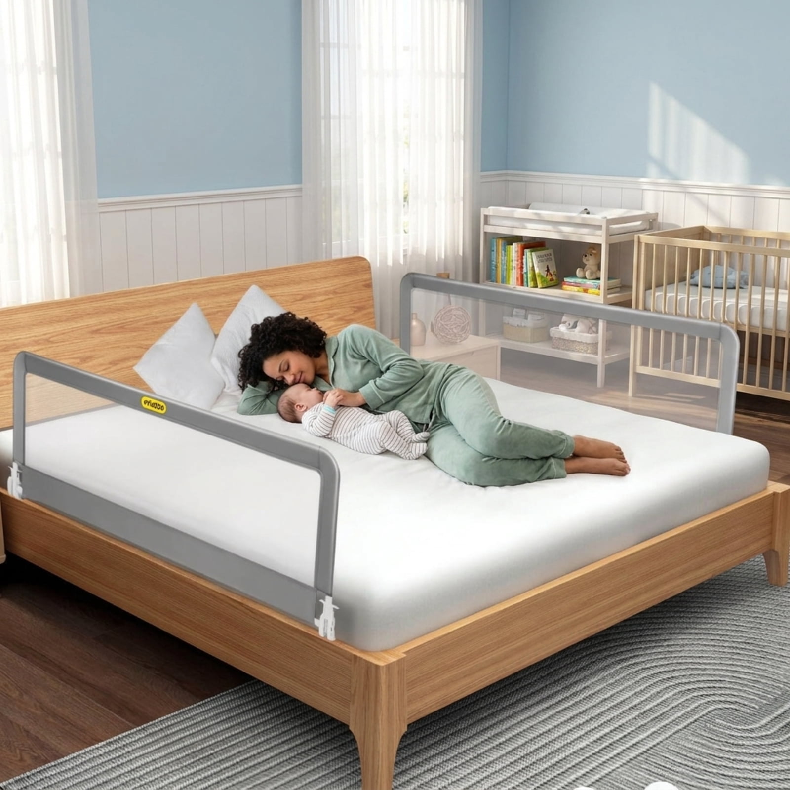SUGIFT 59 Inch Folding Bed Side Rails Guard with Swing Down Access Breathable Mesh Panel Adjustable Safety Strap Reinforced Crossbar and Removable Washable Cover, Gray