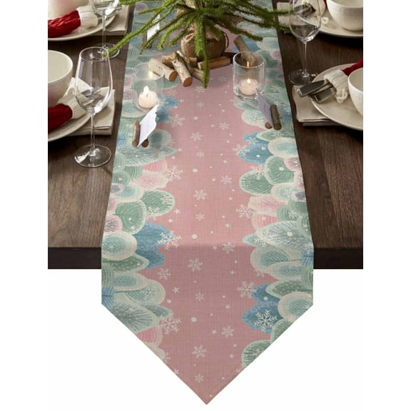 Table Runner Dresser Scarves Winter Christmas Pine Tree Sketch Cotton Linen Burlap Table Cover Snowflake on Pink Burlap Table Runners for Family Kitchen Dining Holiday Party Banquet Decor