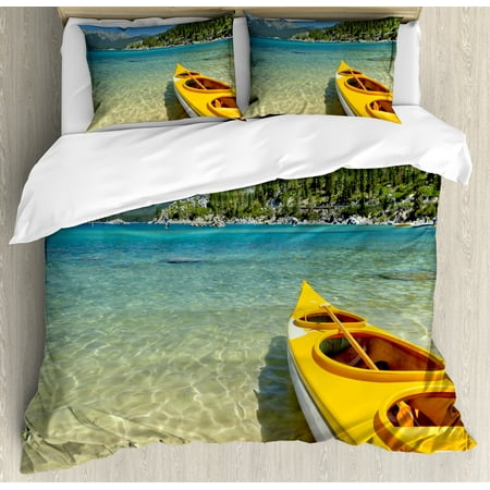 Lake Tahoe Queen Size Duvet Cover Set, Extreme Sports in Wild Lakeside Places Scenic Activities, Decorative 3 Piece Bedding Set with 2 Pillow Shams, Turquoise Sky Blue Lime Green, by (Best Place For Bedding Sets)