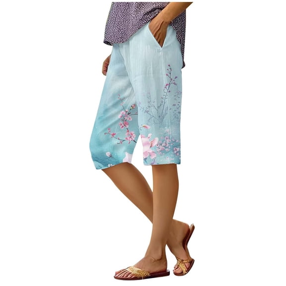 Shorts for Women Striped Printed Stretch High Waist Knee Loose Beach Casual Shorts with Pockets