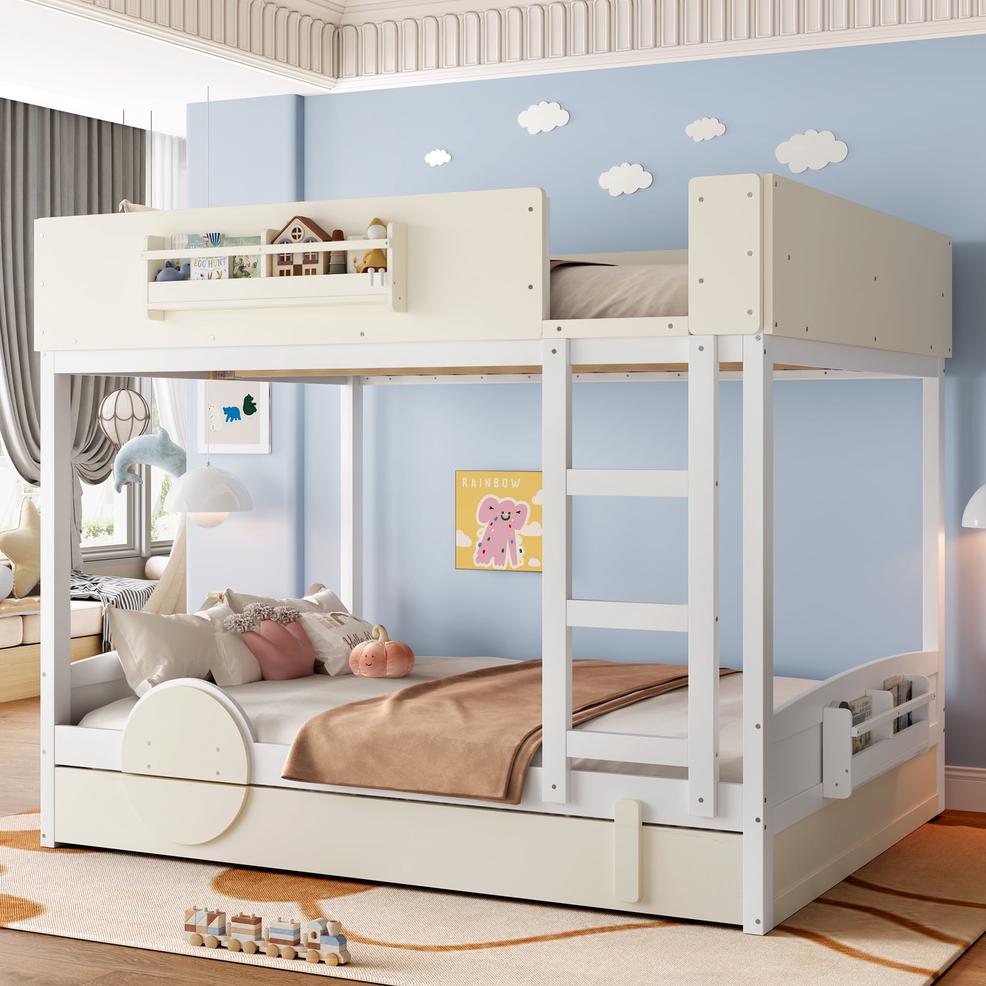 Mintazer Queen Over Queen Car Themed Bunk Bed with Trundle & Bookshelf, Modern Bunk Bed with Guardrail for Kids, White & Beige