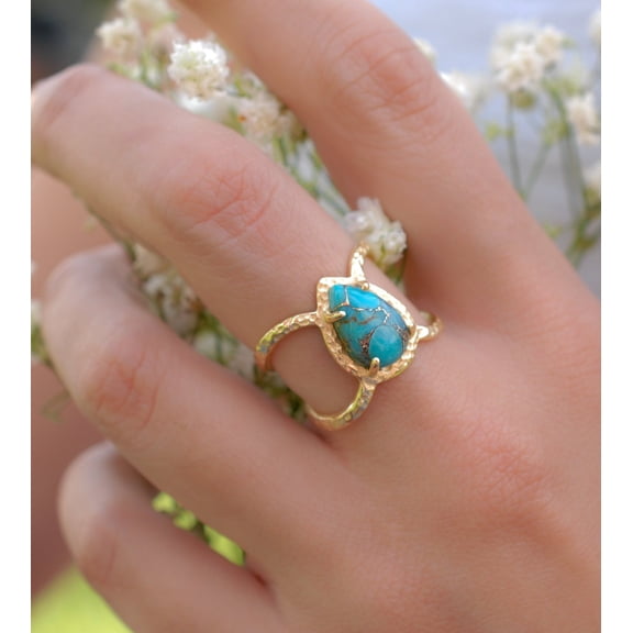 Zhuge Size 10 Retro Simple Turquoise Teardrop Ring Handmade Inlaid Jewelry-1 Piece