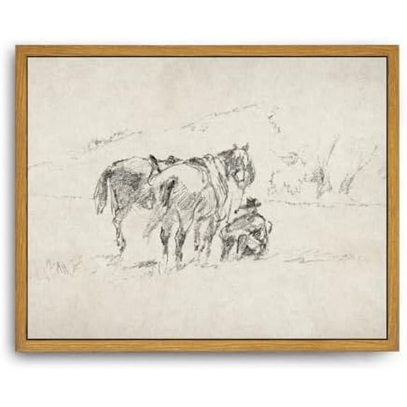 Framed Canvas Wall Art Vintage Print Paintings Western Cowboy Horses Sketch Minimalist Neutral Retro Aesthetic Artwork for Home Living Room Bedroom Bathroom Wall Decor (8"x10")