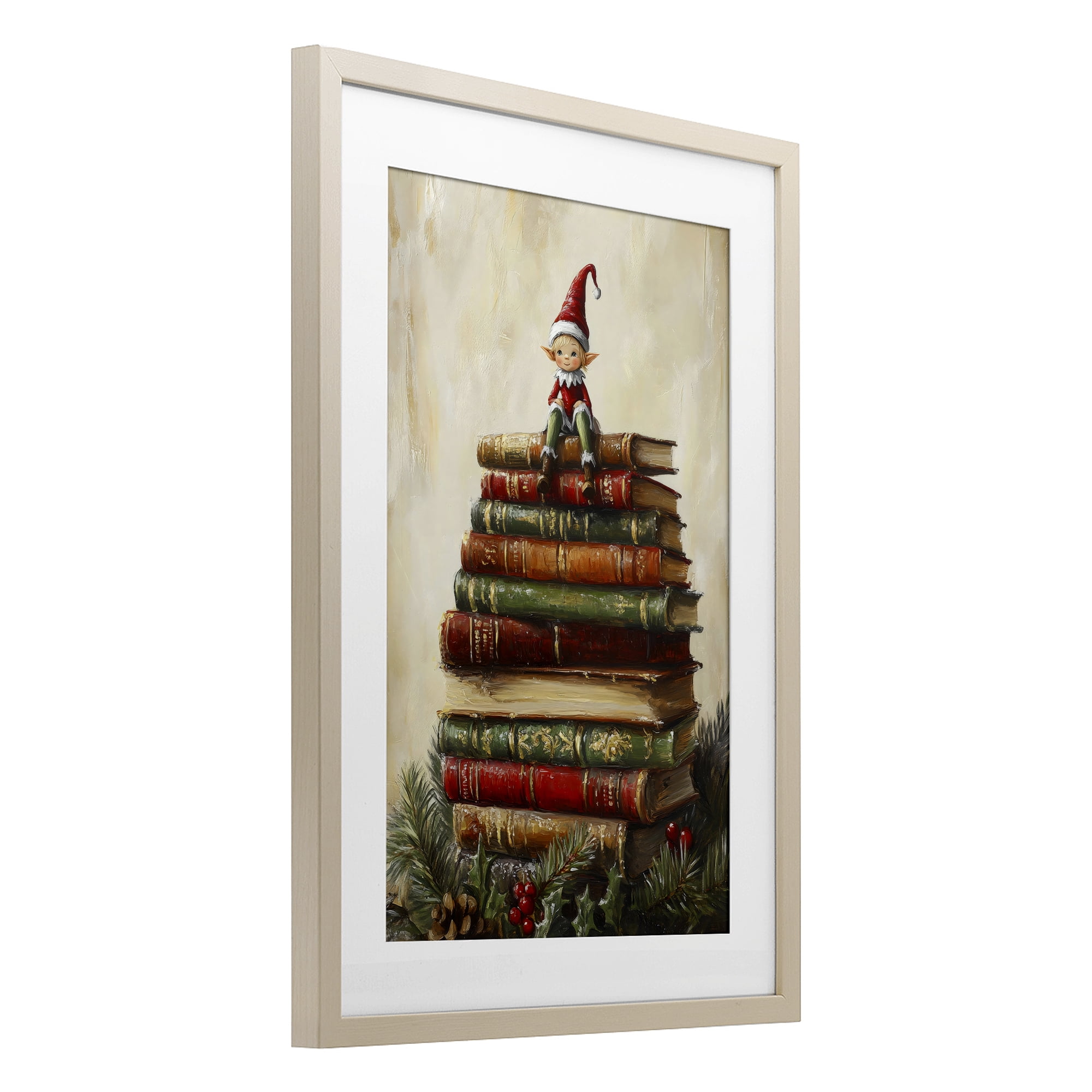 Christmas Elf Bookstack Birch Framed Print Under Glass, design by Petal Prints Design