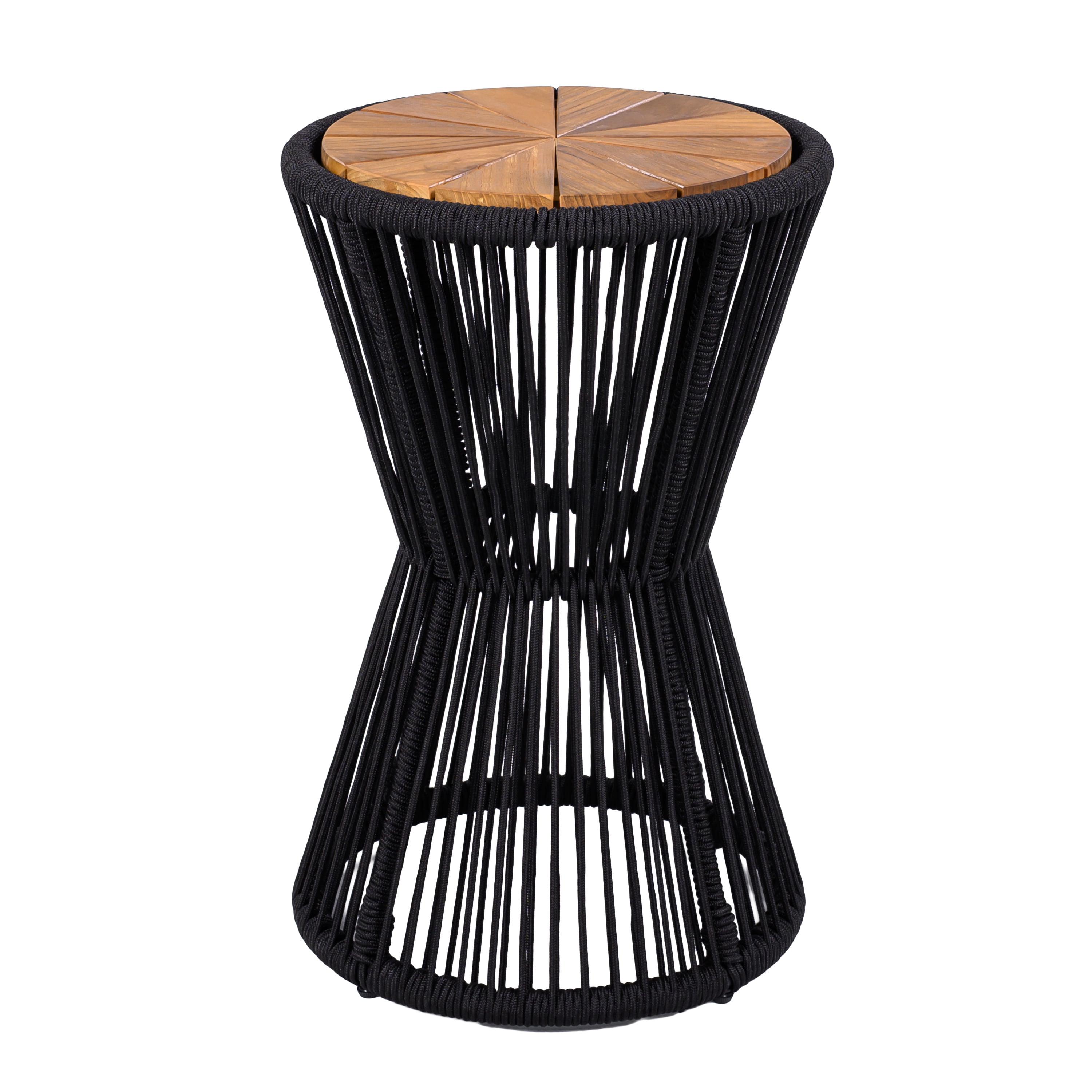 Side Table, Outdoor Black Rope and Acacia Wood Hourglass Design Table for Patio Deck, Teak