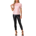 thumbnail image 2 of INSPIRE CHIC Women's Glitter Twist Top Round Neck Puff Sleeve Stretch Casual T-Shirt L Pink, 2 of 6