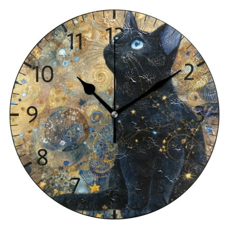 BZSMCE Decorative Wall Clock Size：25cm Starry Black Cat Pattern