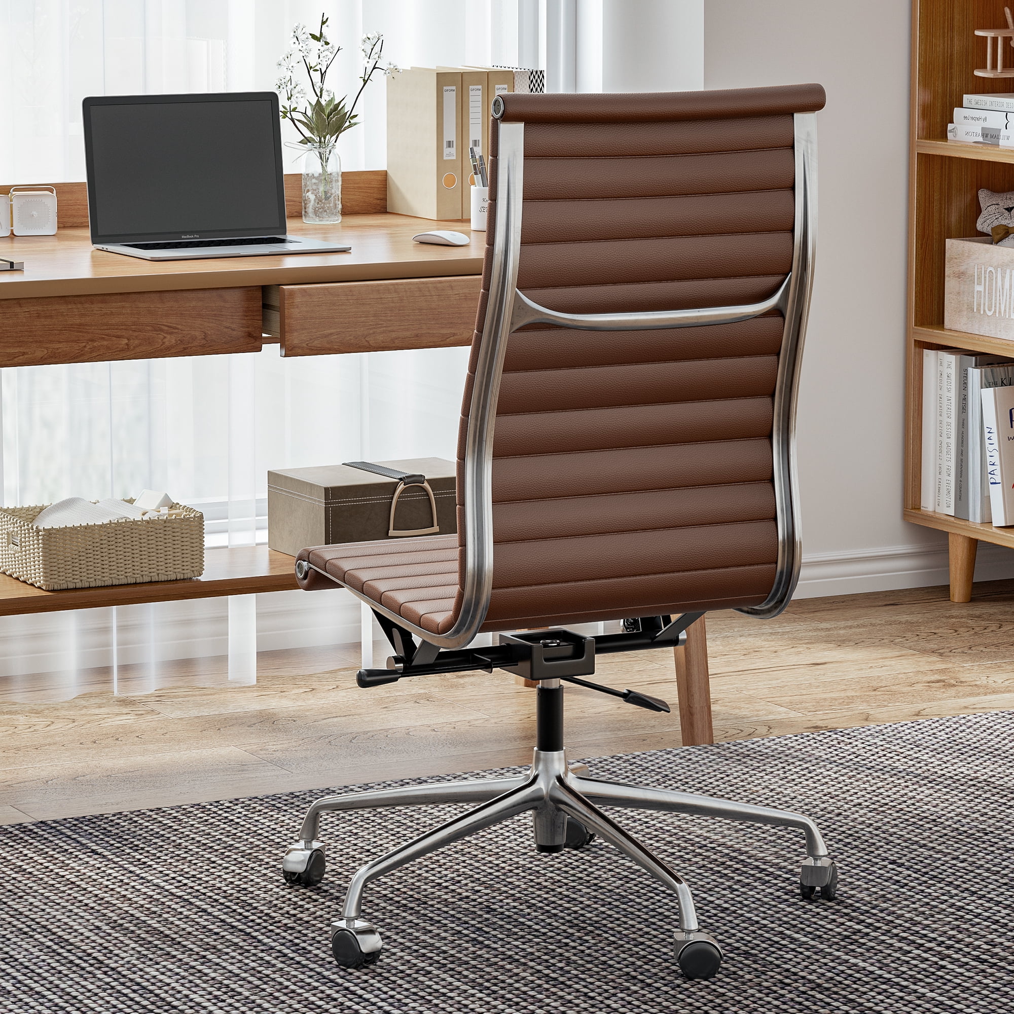 Cottinch Ribbed Office Chair High Back Armless Genuine Leather Ergonomic Desk Chair, Adjustable Height Executive Conference Task Chair Swivel Chair for Home Office, Brown