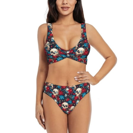 Zeuib Skull red flower blue High Waisted Tummy Control Bikini Set - Knot Front Push Up Top & Cheeky Thong Bottom  Two-Piece Swimsuit for Women-Large