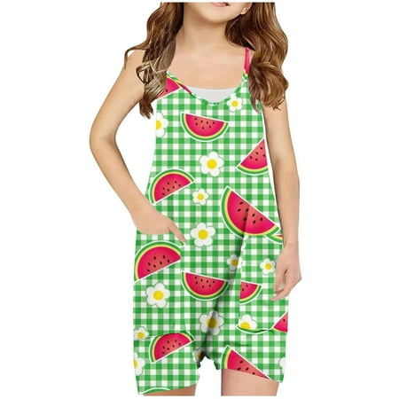 AJTQTH Rompers for Girls V-Neck Spaghetti Straps Jumpsuit Cute Cartoon Printed Playsuit with Pockets Short Length Comfy Bodysuit for Summer School Casual Outdoor Green#01 7 Years