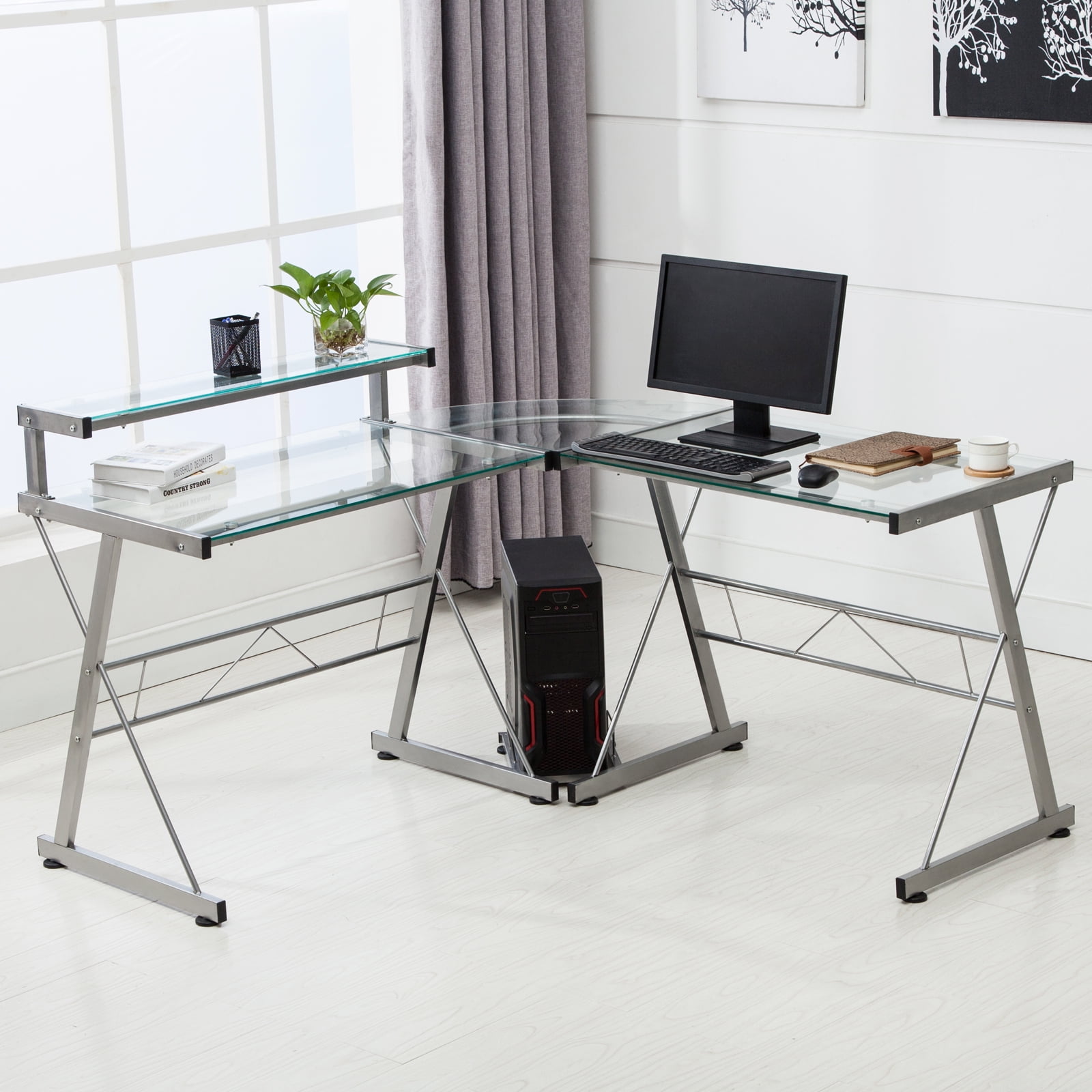 Uenjoy Pc L Shape Computer Glass Desk Corner Laptop Table