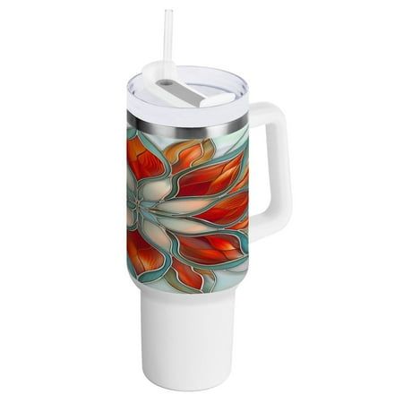 

40 oz Tumbler with Handle and Straw Lid Abstract Red Floral Stained Glass Insulated Vacuum Water Bottle Stainless Steel Travel Cup