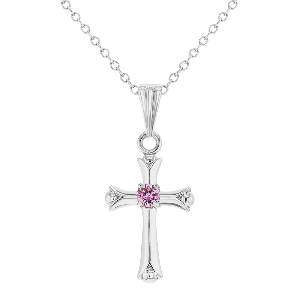 Rhodium Plated Small Girls Pink Crystal Plain Cross Pendant Necklace 16 ...