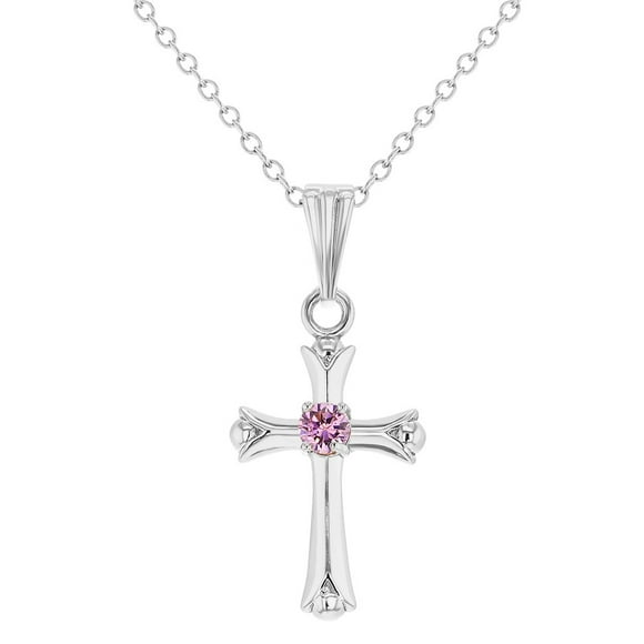 Rhodium Plated Small Pink CZ Plain Cross Pendant Necklace for Little Girls 16"