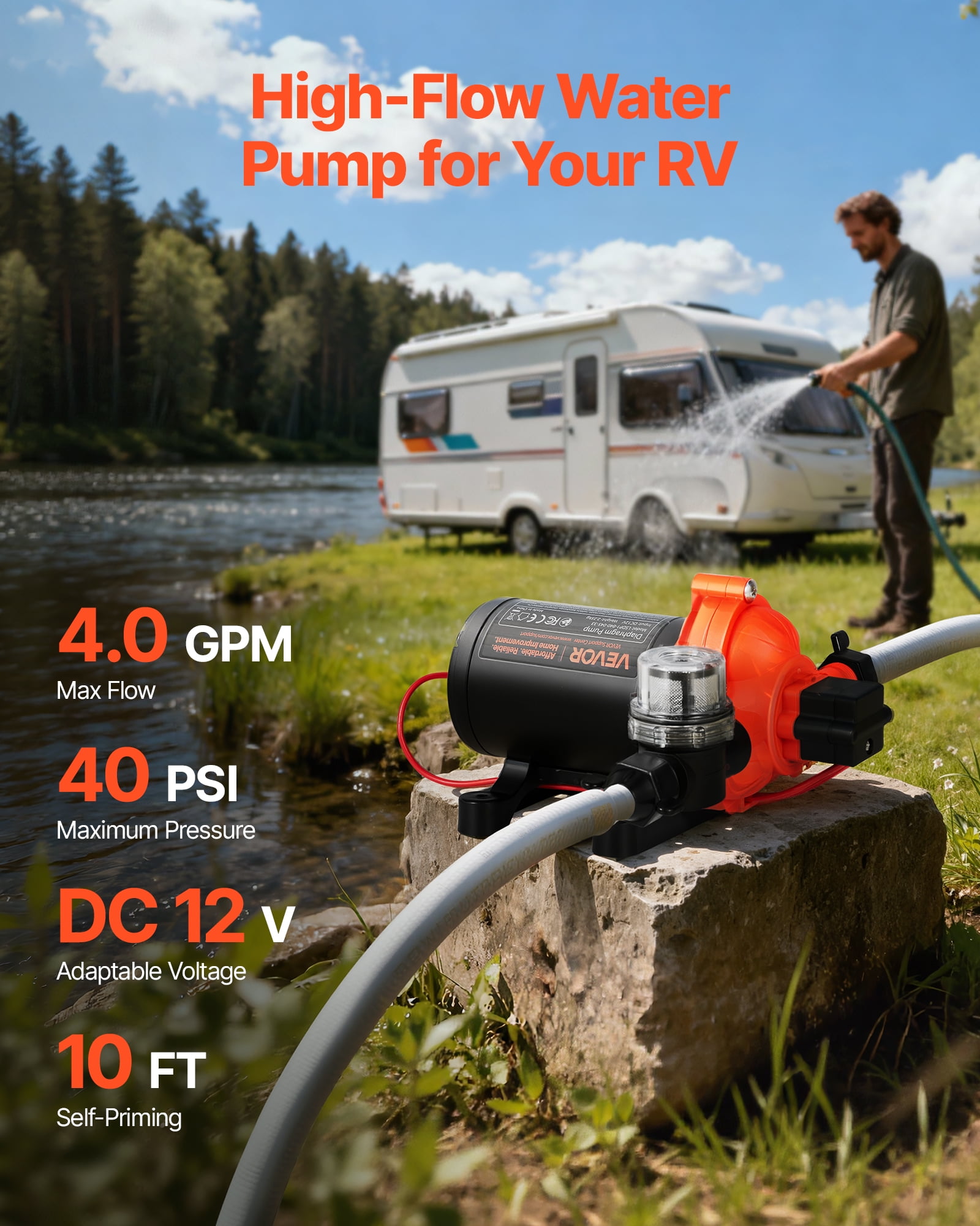 VEVOR RV Water Pump, 12V DC 4 GPM (15.1 L/min), 3-Chamber Self-Priming Diaphragm Water Pump with Automatic Pressure Switch, 40 PSI Max Pressure, On Demand for RV, Caravan, Marine, Yacht, Car Washing
