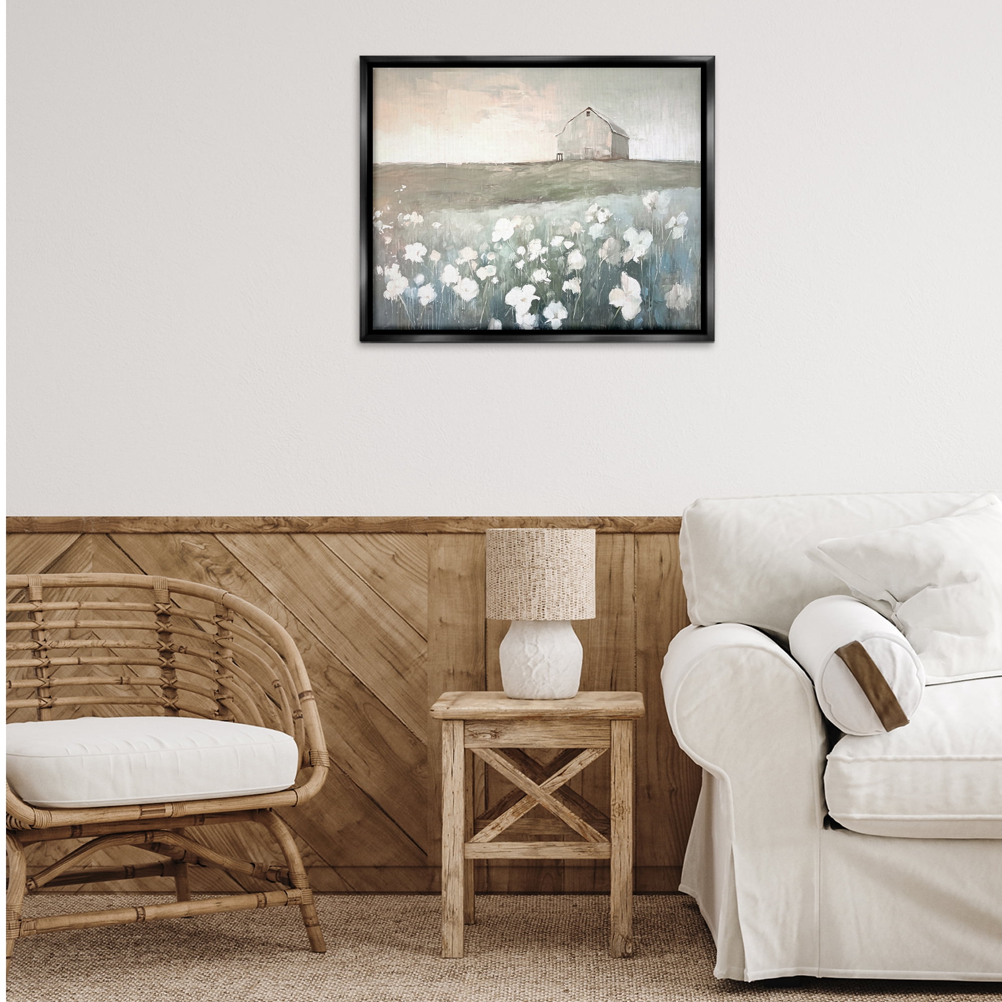 Stupell Industries Peaceful Floral Pasture Landscape Painting Black Floater Framed Canvas Art Print Wall Art, 31 x 25