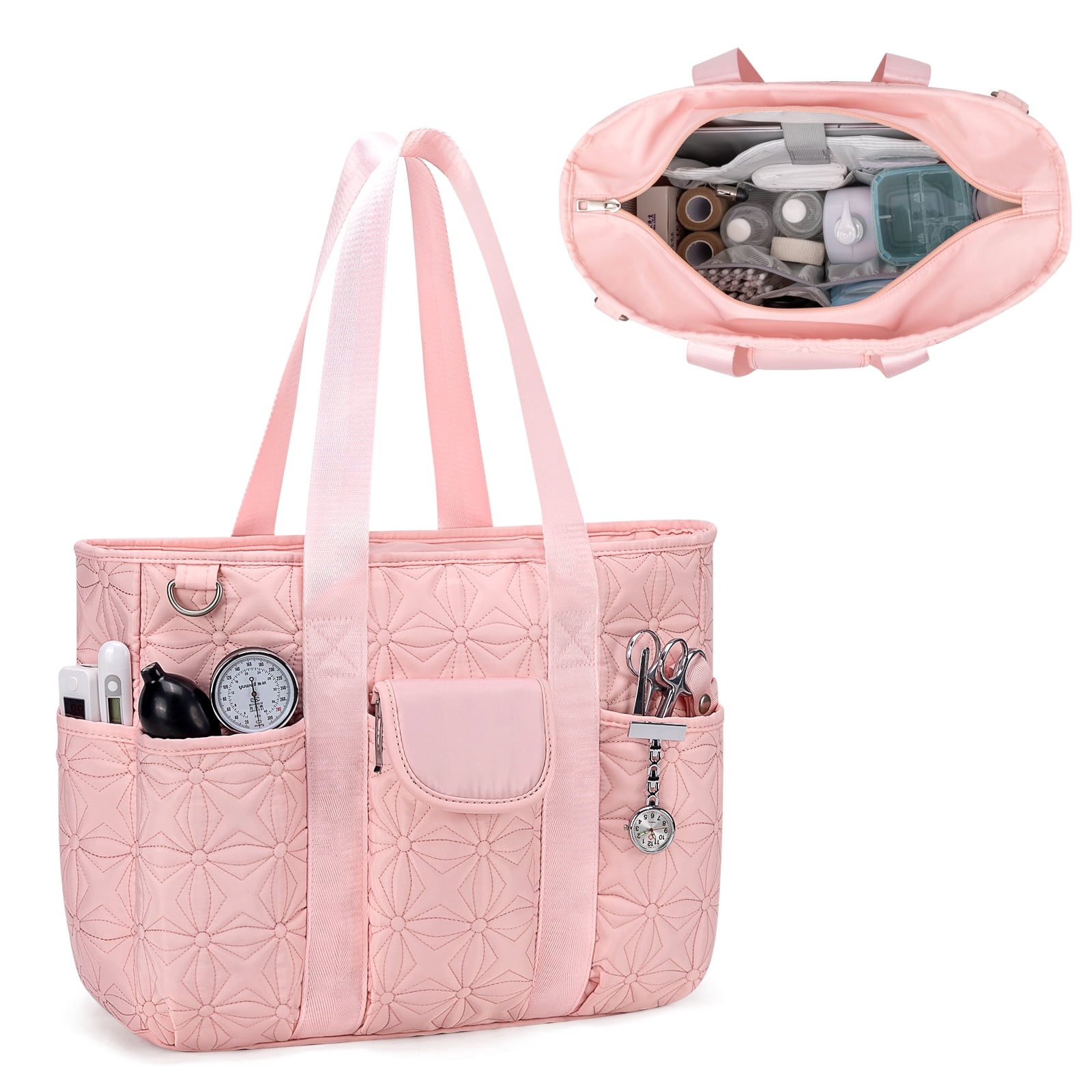 Canvas Tote Bag with Multi Pockets, Kabaqoo Crossbody Tote Bag for Women, Large Shoulder Handbag with Compartments, Pink
