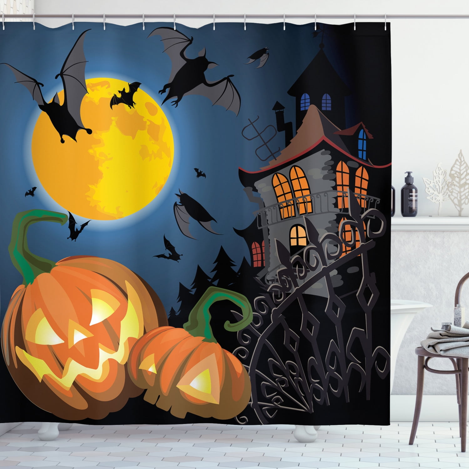 Happy Halloween Shower Curtain Spider Web Pumpkin Witch Hat For Bathroom Decor 