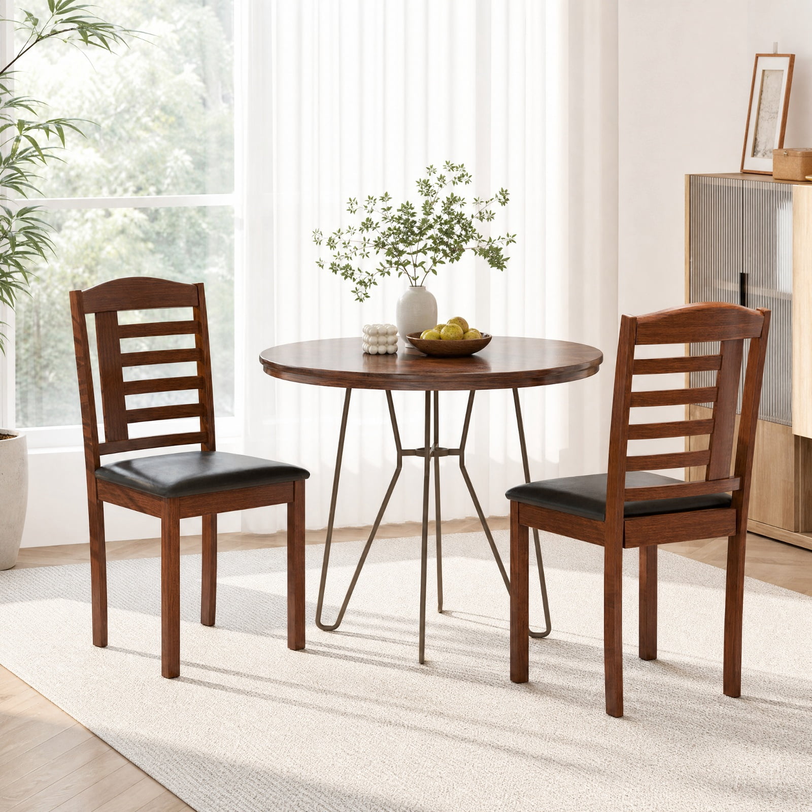 Furnibear Set of 2 Wood Kitchen Chairs with Faux Leather Upholstered Seat and Ergonomic Backrest for Dining Room and Restaurant, Black