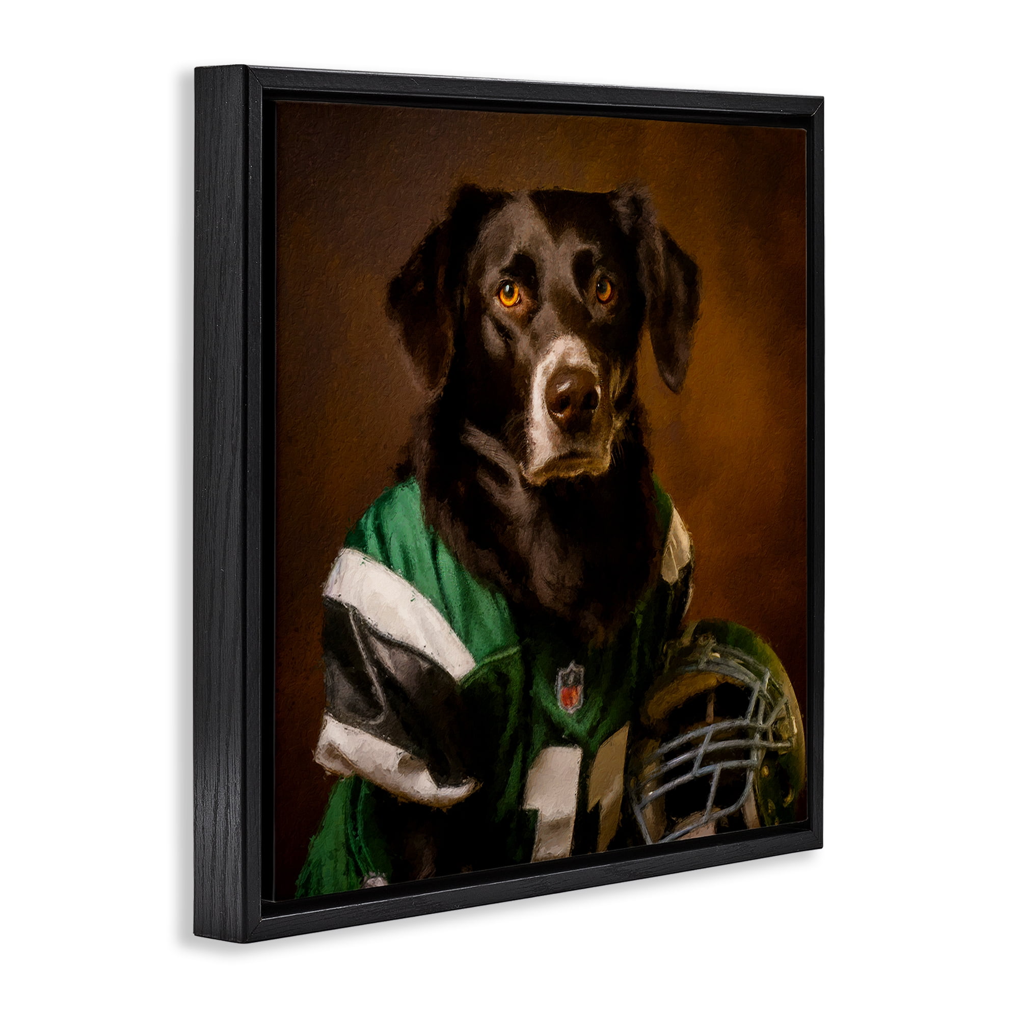 Stupell Industries Football Star Dog Animals Painting Black Floater Framed Canvas Art Print Wall Art, 18 x 18