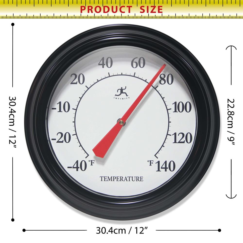 Infinity Instruments 12 inch Traditional Classic Basic No Battery Required Built-in Hygrometer Indoor/Outdoor Thermometer for Patio, Porch, Living Room Essential Durable Wall Thermometer, Black
