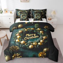 jejeloiu Marry Christmas Twin Bedding Sets 7-Piece,Xmas Balls Bedding Comforter Set,Green Gold Sheet Sets For Child,Microfiber Bedroom Decor Reversible