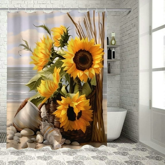 Pratyus Sunflowers Beach Shell Printed Shower Curtain 100% Polyester Bathroom Set with Hooks, Easy Care and Sustainable Design 36x72
