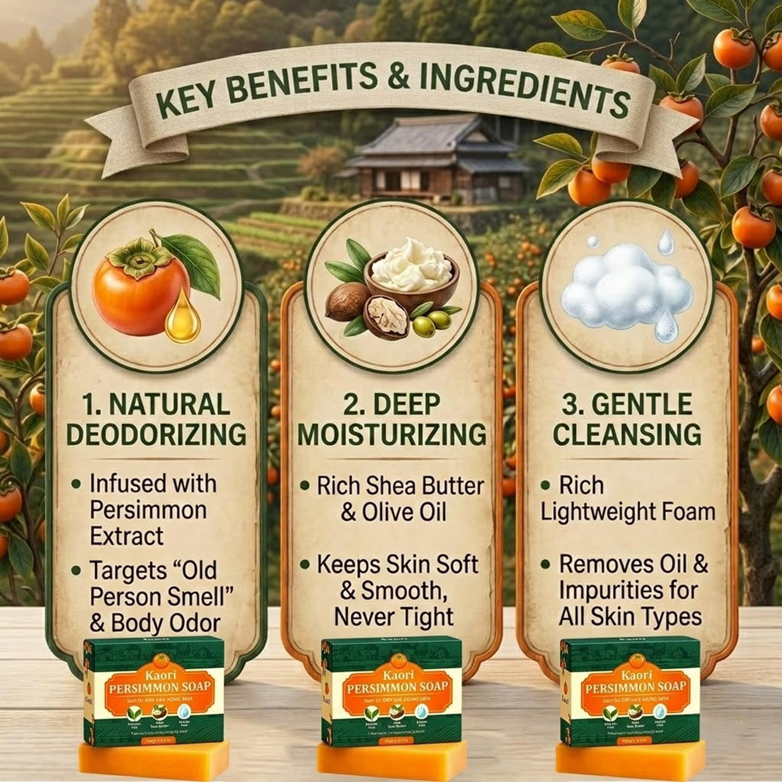 Kaori Deodorizing Persimmon Soap – Gentle for Dry & Aging Skin, Japanese Persimmon + Green Tea Extract, Natural Body Wash for Men & Women – All-Day Freshness (2PCS)